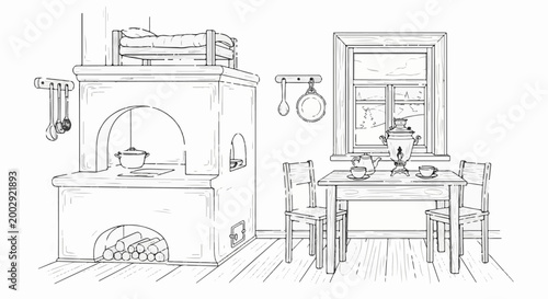 Rustic kitchen interior with a wood-burning stove, bed, and tea set