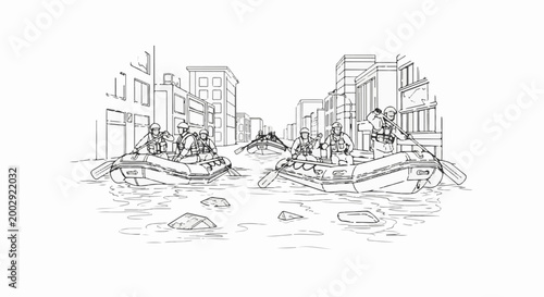 Rescuers navigate flooded city streets in inflatable rafts, paddling past submerged buildings