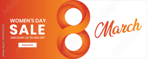 8 March Women’s Day Banner Design, Floral Gradient 3d Number Eight with Background for Social Media Cover and Website Header Template.