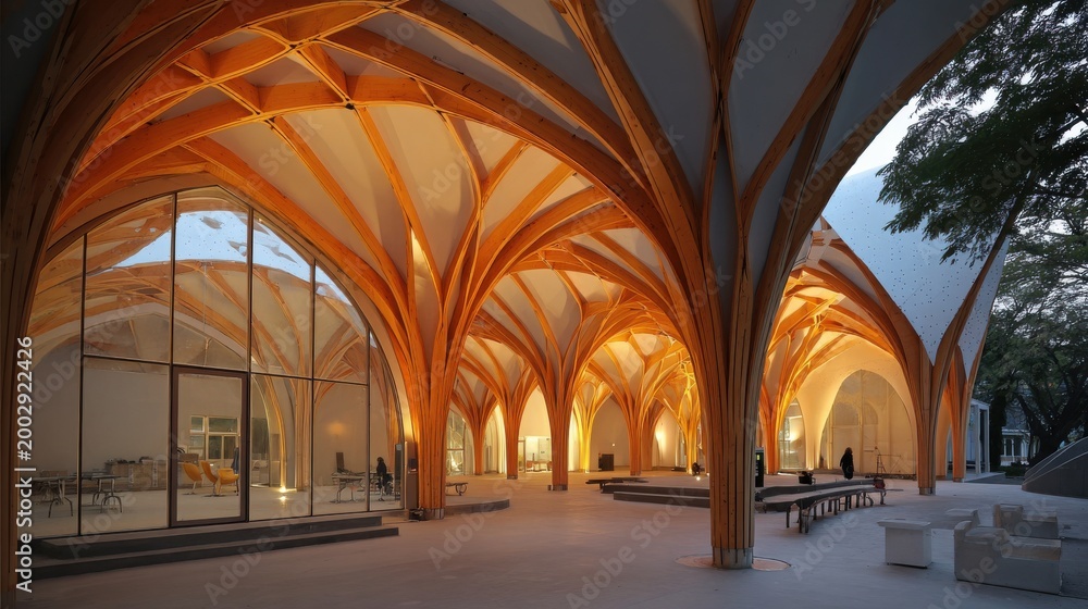 Fototapeta premium Grand Wooden Arched Ceiling Architecture with Organic Growth Patterns and Geometric Design