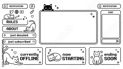 Fotografie Cute black and white cat themed twitch streaming overlay kit with various panels and boxes