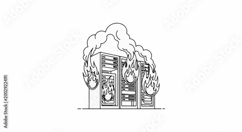 Server racks engulfed in flames and smoke, black and white illustration