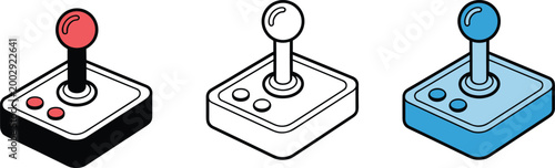 Retro arcade joystick game controller icon set representing classic 80s gaming video game nostalgia and leisure entertainment vector