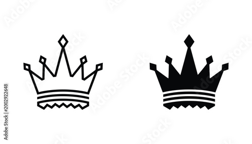 Minimalist crown icon set in outline and solid black style for royal branding and luxury logo design elements isolated on white background