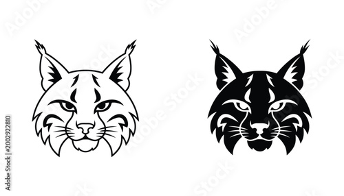 Lynx head portrait vector icon featuring wild cat features in outline and solid black silhouette