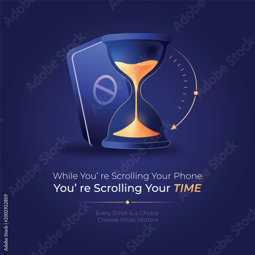 Time Management Concept with Hourglass and Smartphone – Stop Scrolling Motivation Vector Illustration