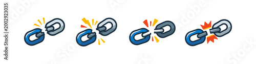 Series of broken chain links symbolizing connection failure and disconnection