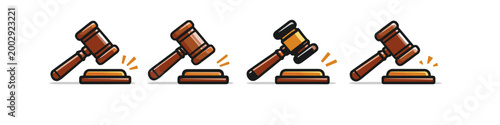 Four cartoon gavels striking auction blocks in a row, representing legal decisions