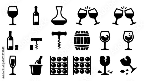 Wine and Winery Silhouette Icon Set – Glass Bottle Barrel Corkscrew Decanter Toast Collection