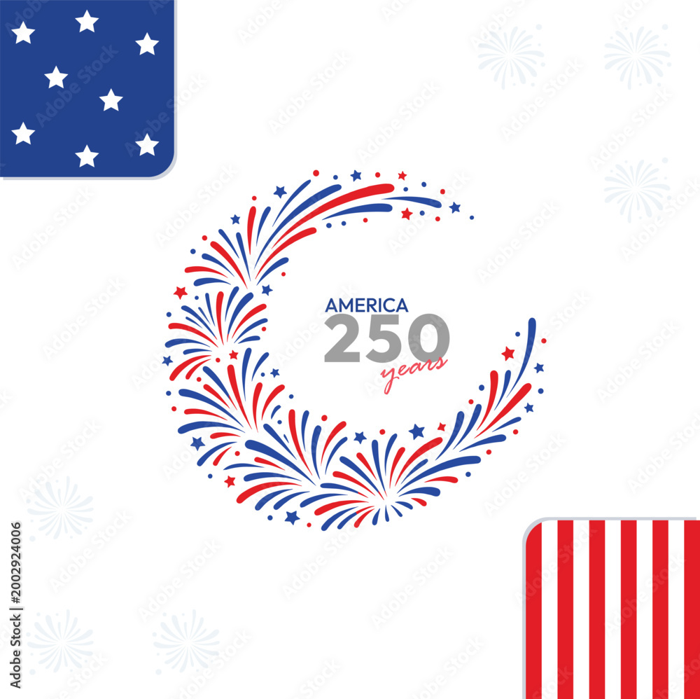 Obraz premium USA Semiquincentennial 250 Years Celebration with Fireworks Crescent and Flag Borders