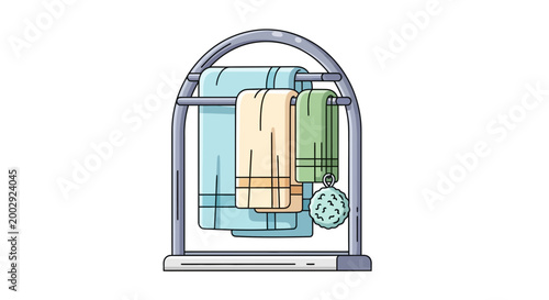 Bathroom towel rack with folded towels and loofah