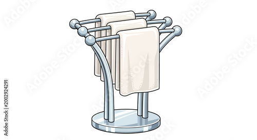 Modern chrome towel rack with white towels, isolated on white background