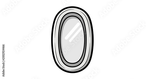 Oval mirror with reflective surface and silver frame, isolated on white background.