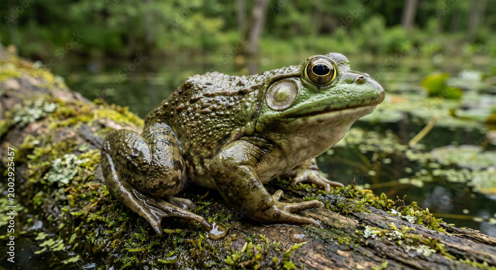 Fototapeta premium A hyper-detailed, low-angle portrait of a massive American Bullfrog sitting on a moss-covered log. 