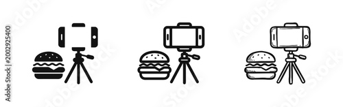 Food Blogger Icon Set - Smartphone on Tripod Filming Hamburger for Social Media Content