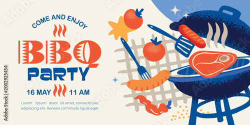 Barbecue party horizontal banner, template, creative, textured, modern vector illustration with barbecue area