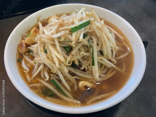 Japanese Miso Ramen with Pile of Bean Sprouts and Garlic