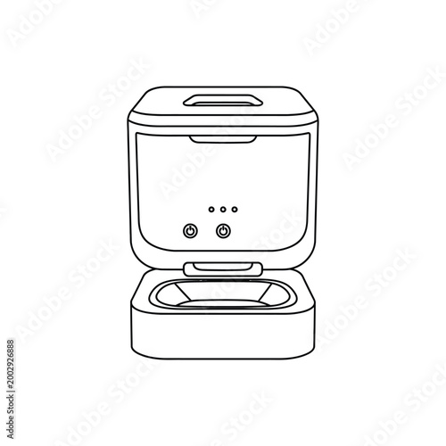 A minimalist line drawing of an opened portable ultrasonic jewelry cleaner.