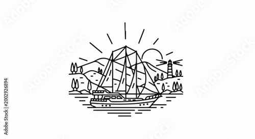 Sailboat on water with mountains, lighthouse, trees, and sun