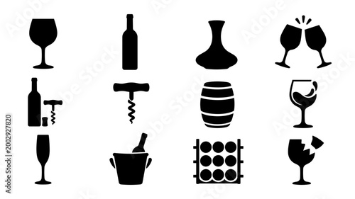 Wine Icons Silhouette Set – Glass Bottle Corkscrew Barrel Decanter Champagne Toast Collection