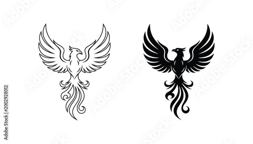 Phoenix bird rising with wings spread in majestic black and white vector art for emblem and branding