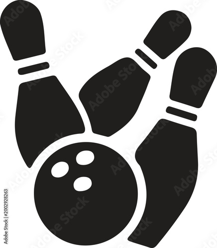 Black bowling ball and pins icon illustration
