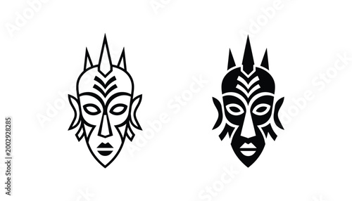Tribal african mask icon set with detailed geometric patterns and sharp edges in black and white vector style for cultural design projects
