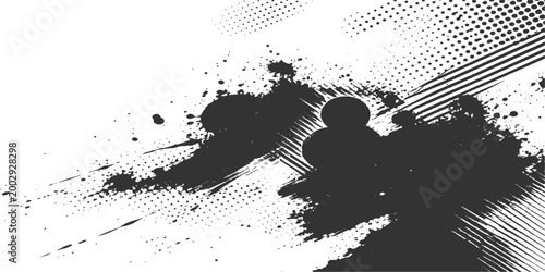 Abstract black splash design on a subtle halftone effect background, minimalist graphic resource.