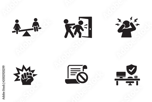 Monochrome Social Issues and Conflict Icon Set Depicting Workplace Harassment Physical Violence Mental Stress Security Protocols Human Imbalance Graphics