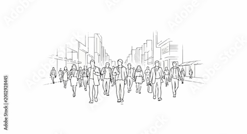 A group of diverse people walk down a city street with buildings lining the sides