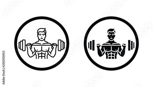 Bodybuilder lifting heavy weights in circular badge icon set for fitness and sports branding in clean vector graphic style