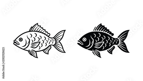 Stylized fish icon pair in outline and solid black vector format for seafood industry and aquatic life design assets