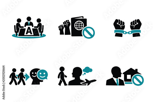 Collection of six black and teal vector icons symbolizing human rights legal struggles immigration bans handcuffs arrest and property denial concepts