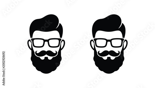 Hipster man face icon with glasses and beard in outline and solid black vector for barber shop or fashion branding