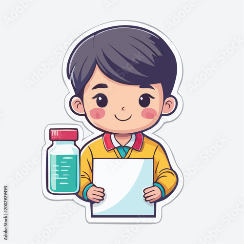 Cute Cartoon Boy Holding Vaccine Vial and Blank Sign