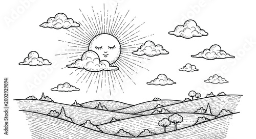 Charming vector illustration featuring a serene sun with closed eyes peeking from behind clouds over rolling hills adorned with trees and bushes under a sky filled with fluffy cumulus clouds in a clas