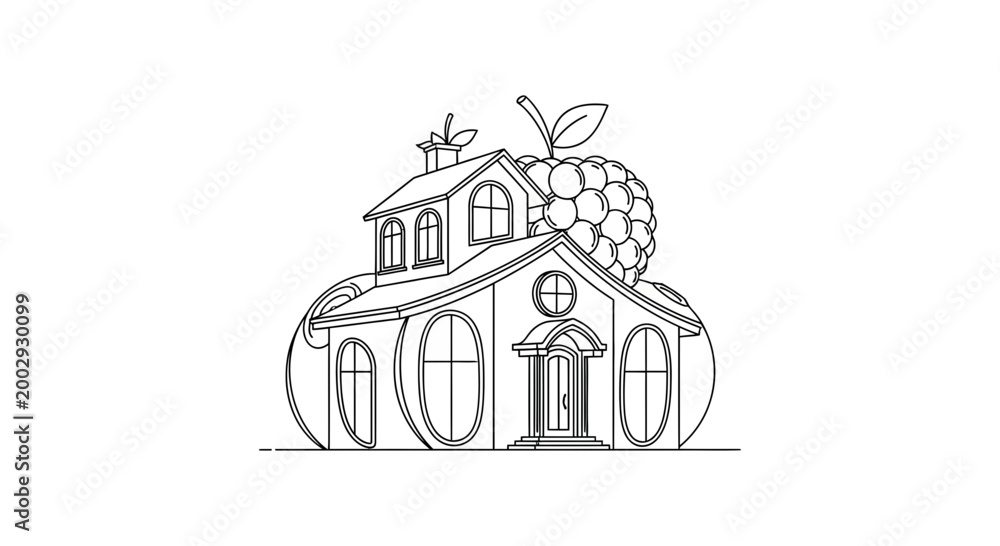 Fototapeta premium Whimsical House Shaped Like a Pumpkin with Raspberry Roof, Fantasy Home Illustration