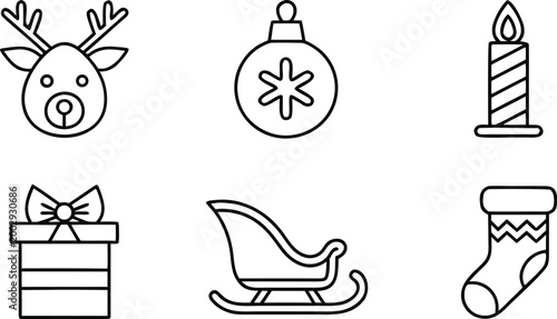 Set of six linear christmas including reindeer, ornament, candle, gift, sleigh, and stocking