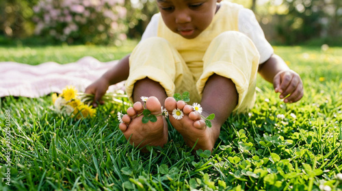 African-American child resting with daisies on feet in spring garden, playful innocence and nature connection in outdoor setting