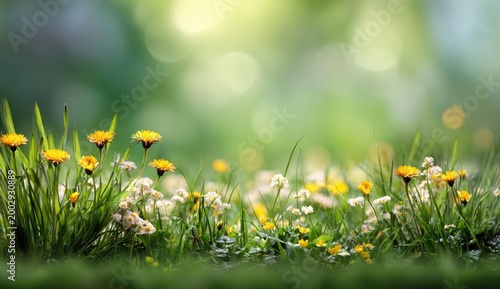 Soft focus meadow with wildflowers and green grass, backlit by sunlight