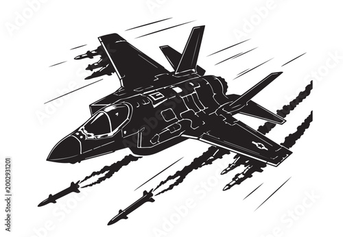 Stealth Fighter Jet Silhouette Vector, Top View Military Aircraft, Black and White Aviation Illustration
