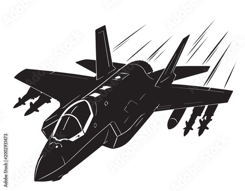 Stealth Fighter Jet Silhouette Vector, Top View Military Aircraft, Black and White Aviation Illustration