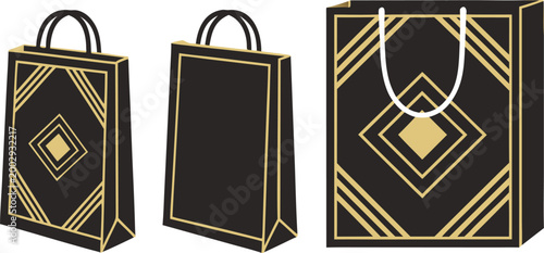 Three black shopping bags with gold geometric diamond patterns and handles on white background