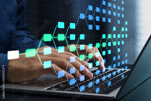 AI scenario generation and strategic planning. Predictive analytics and scenario simulation. Businessman using laptop computer for decision support.