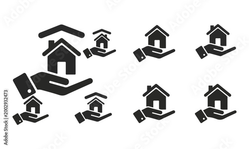 Hand holding house vector icon set for real estate, property management, and home protection