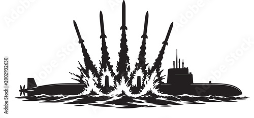 Submarine Silhouette Vector with Missile Launch, Naval Submarine at Sea, Black and White Military Illustration