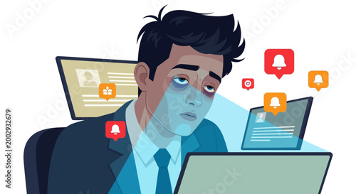 A tired businessman in a blue suit sits at his desk in front of a laptop with floating notification icons, looking exhausted against a white background in a digital illustration