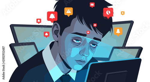 An exhausted young man stares at a brightly lit computer screen surrounded by multiple monitors displaying notification icons, depicted in a flat vector style with dark blue and orange