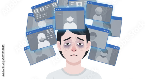 An illustration depicts a tired person with dark circles under their eyes, surrounded by numerous social media profile windows, conveying a feeling of stress and digital overload on a white