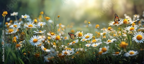 Sunlit meadow of daisies with two butterflies fluttering